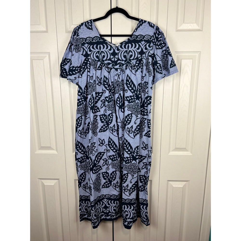 Phases Blue vintage muumuu dress house patio dress XL Cotton Midi pockets